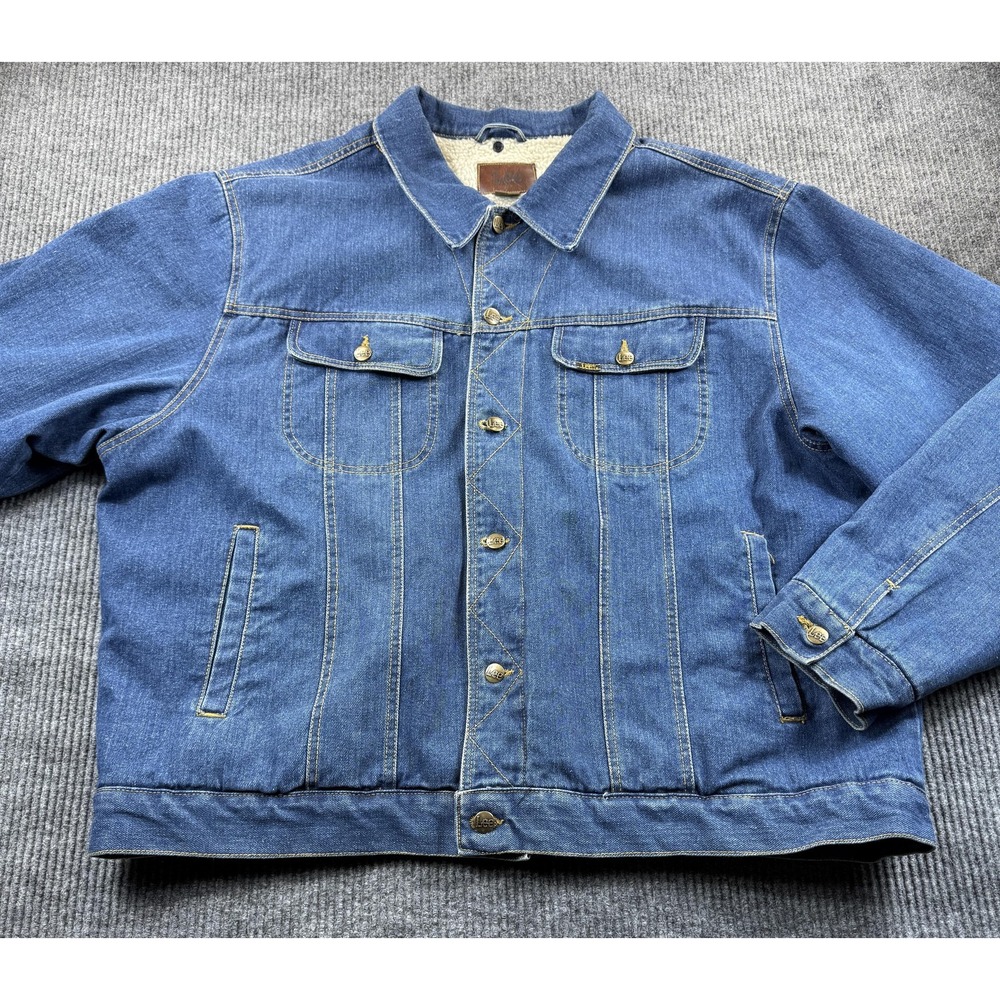 Lee Jacket Mens 2XL Blue Denim Sherpa Lined Trucker Button Front Warm Insulated‎